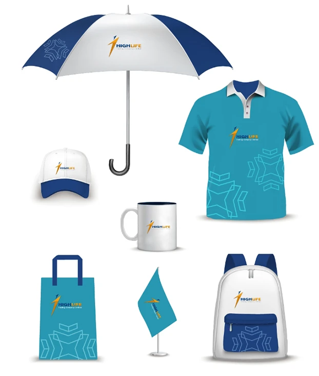 A range of promotional products - umbrella, mug, garments